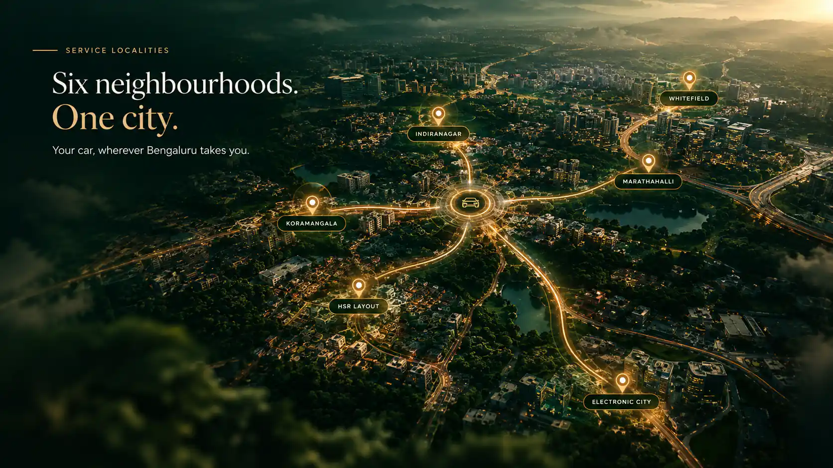 Rental Wheelz service localities across Bengaluru — HSR Layout, Koramangala, Whitefield, Indiranagar, Electronic City, and Marathahalli, connected by road from a central hub