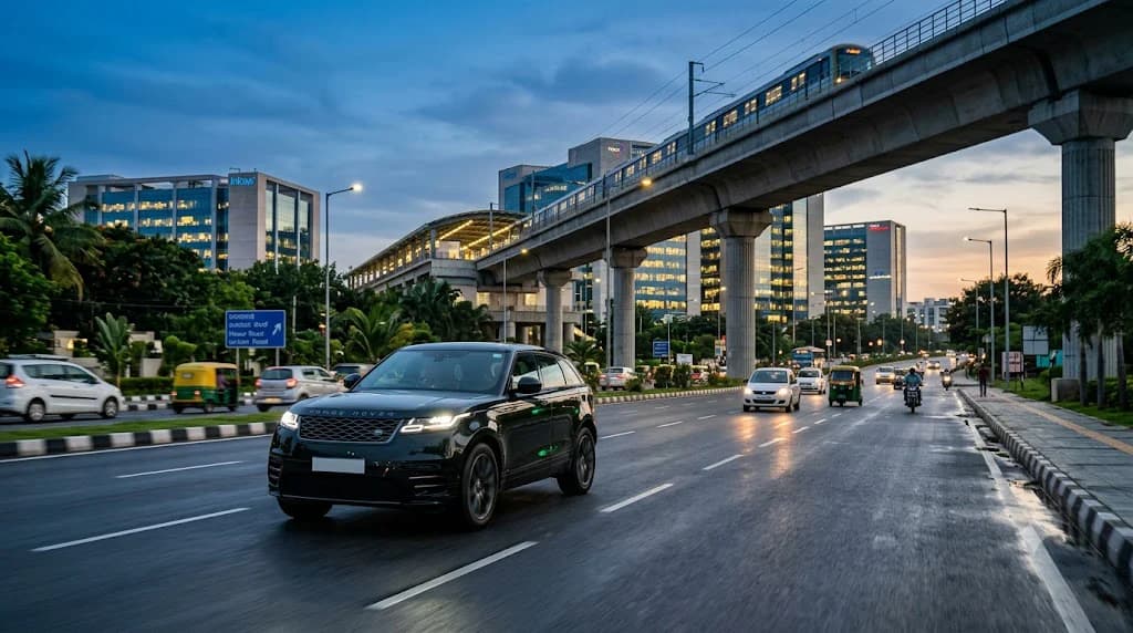 Self drive car rental in Electronic City, Bangalore — elevated Yellow Line metro running above Hosur Road near Electronic City