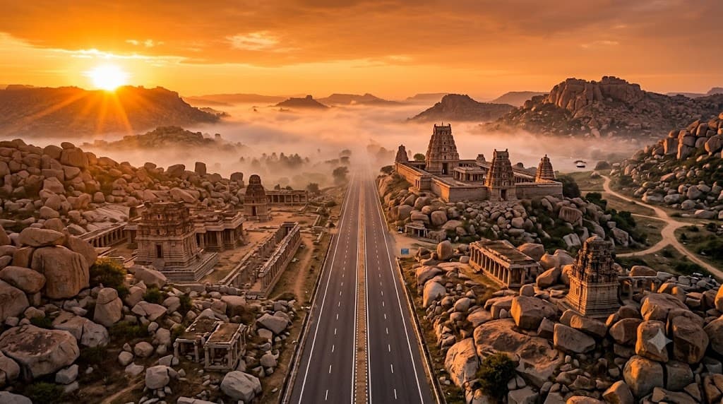 Boulder-strewn landscape near the Hampi ruins at sunset