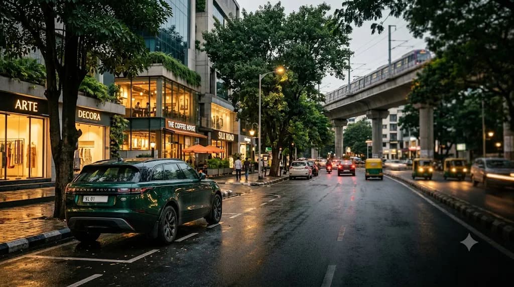 Self drive car rental in Indiranagar, Bangalore — 100 Feet Road in Indiranagar, near the CMH Road metro pillars
